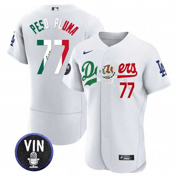 Men%27s Los Angeles Dodgers #77 Pezo Pluma White Mexico Special Vin Scully Patch Flex Base Stitched Jersey Dzhi->los angeles dodgers->MLB Jersey